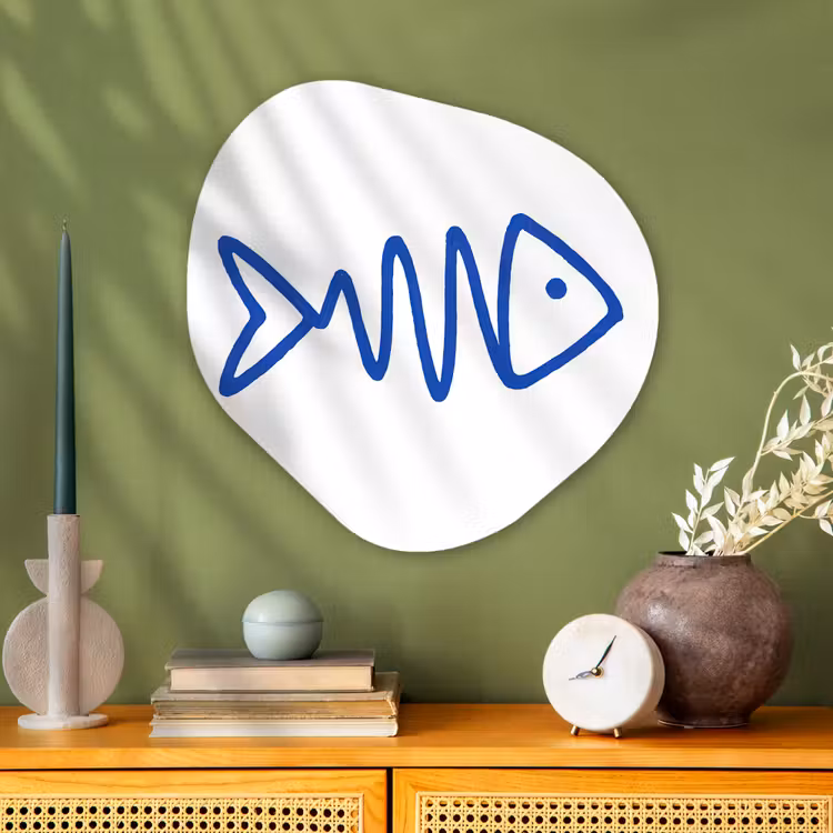 Vis - Minimalistisch - Blauw - Lijn Wandcirkel Organisch Aluminium middel -sfeer2