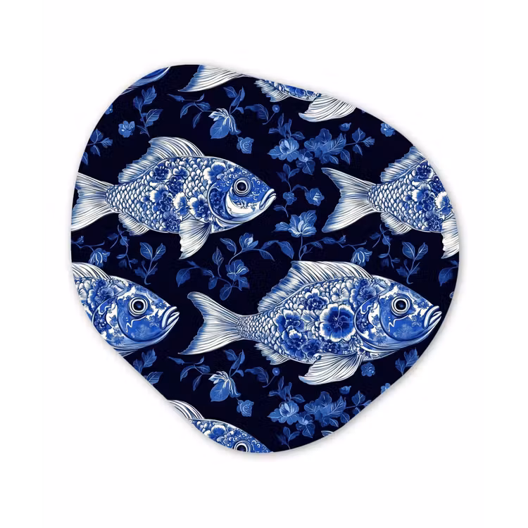 Vissen - Bloemen - Blauw Wandcirkel Organisch Aluminium middel 851 -3d