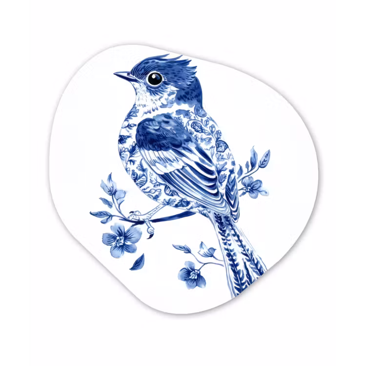 Vogel - Delfts blauw - Illustratie - Bloemen Wandcirkel Organisch Aluminium middel -3d