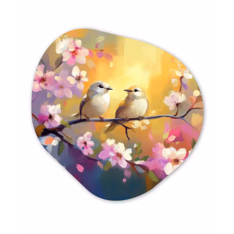 Vogels - Bloemen - Roze Wandcirkel Organisch Aluminium middel -3d