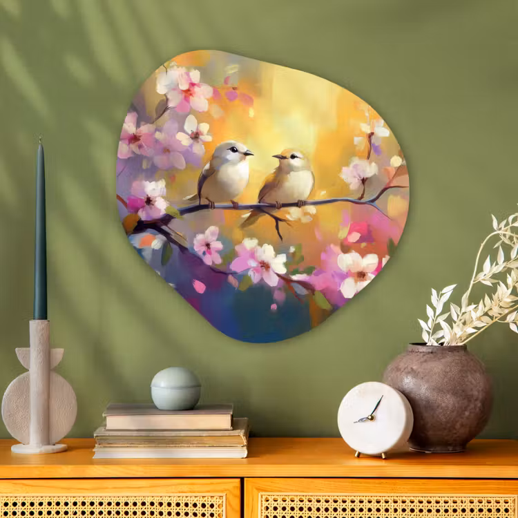 Vogels - Bloemen - Roze Wandcirkel Organisch Aluminium middel -sfeer2