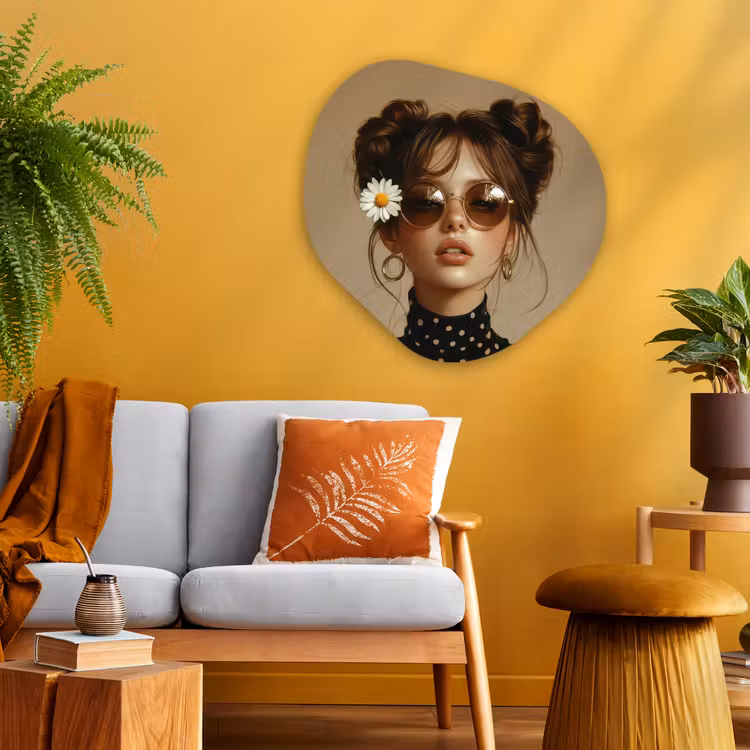 Vrouw - Beige - Bloem - Modern - Portret Wandcirkel Organisch Aluminium middel -sfeer4