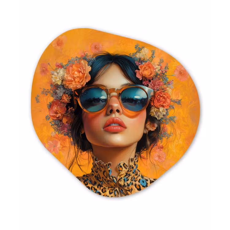 Vrouw - Bloemen - Aesthetic - Oranje Wandcirkel Organisch Aluminium middel -3d
