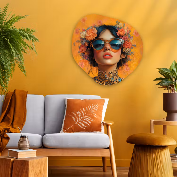 Vrouw - Bloemen - Aesthetic - Oranje Wandcirkel Organisch Aluminium middel -sfeer4