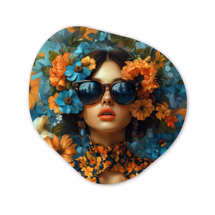 Vrouw - Bloemen - Oranje - Blauw - Modern Wandcirkel Organisch Aluminium middel -3d