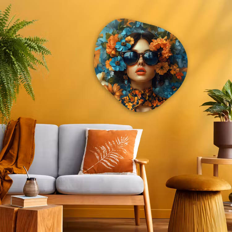 Vrouw - Bloemen - Oranje - Blauw - Modern Wandcirkel Organisch Aluminium middel -sfeer4