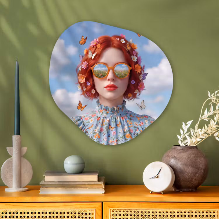 Vrouw - Bloemen - Zomer - Portret - Kleurrijk Wandcirkel Organisch Aluminium middel -sfeer2