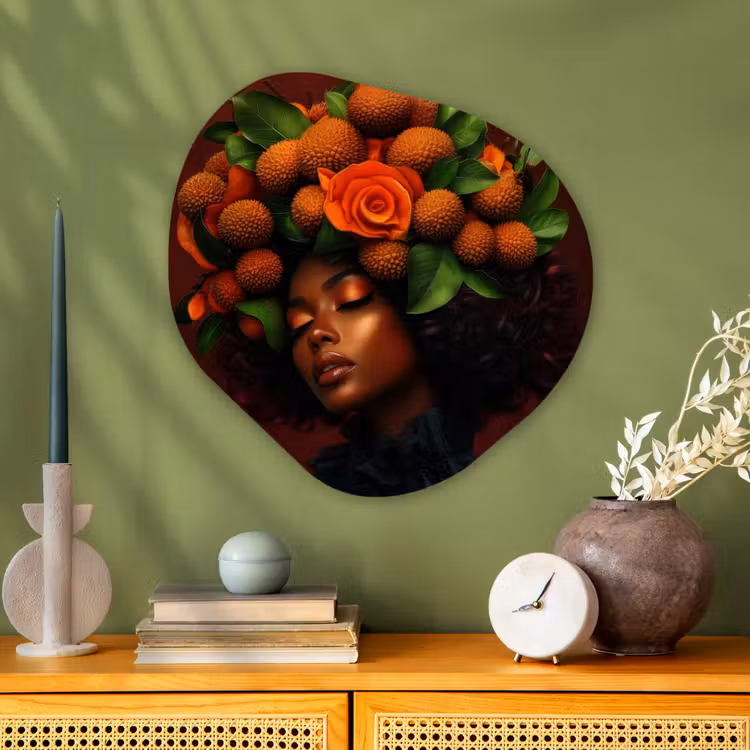 Vrouw - lychee - exotisch Wandcirkel Organisch Aluminium middel -sfeer2