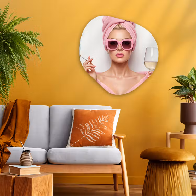 Vrouw - Roze - Wijn - Zonnebril Wandcirkel Organisch Aluminium middel -sfeer4
