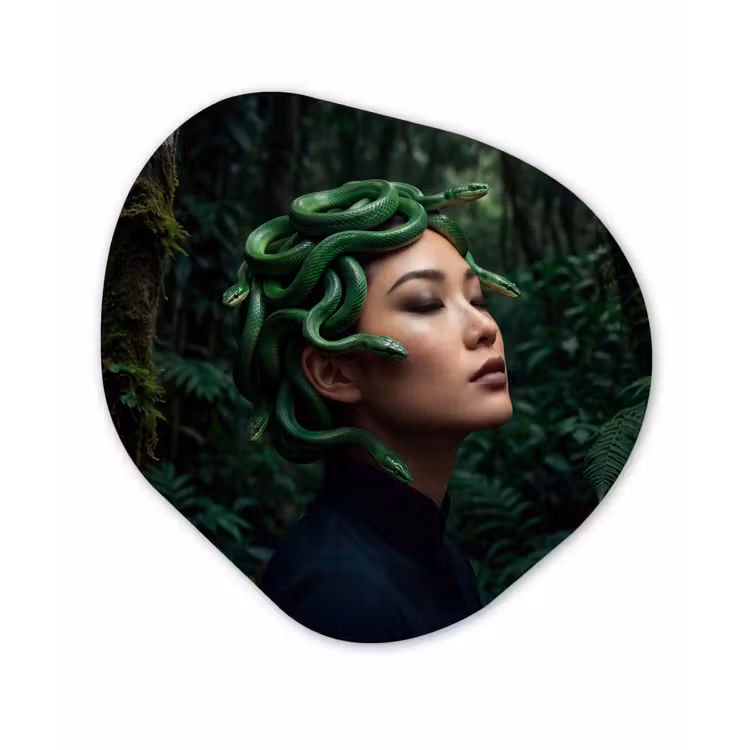 Vrouw - Slang - Natuur - Mystiek - Groen Wandcirkel Organisch Aluminium middel -3d
