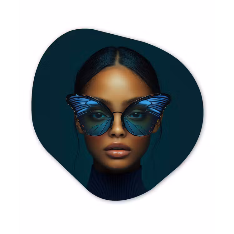 Vrouw - Vlinder - Bril - Blauw - Modern - Portret Wandcirkel Organisch Aluminium middel -3d