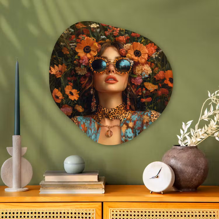 Vrouwen - Bloemen - Modern - Bril - Abstract Wandcirkel Organisch Aluminium middel -sfeer2