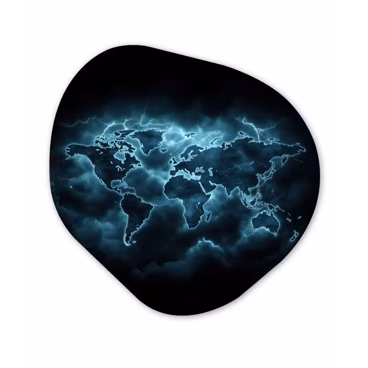 Wereldkaart - Bliksem - Blauw Wandcirkel Organisch Aluminium middel -3d