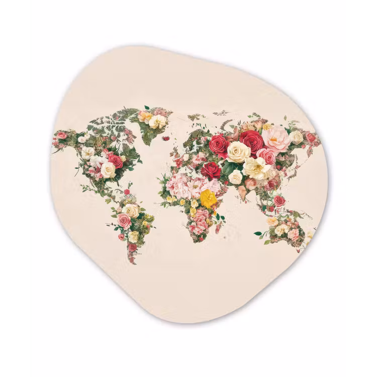 Wereldkaart - Bloemen - Roze Wandcirkel Organisch Aluminium middel -3d