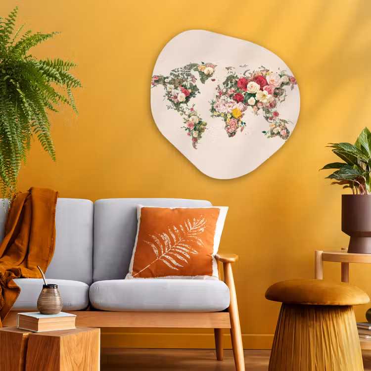 Wereldkaart - Bloemen - Roze Wandcirkel Organisch Aluminium middel -sfeer4