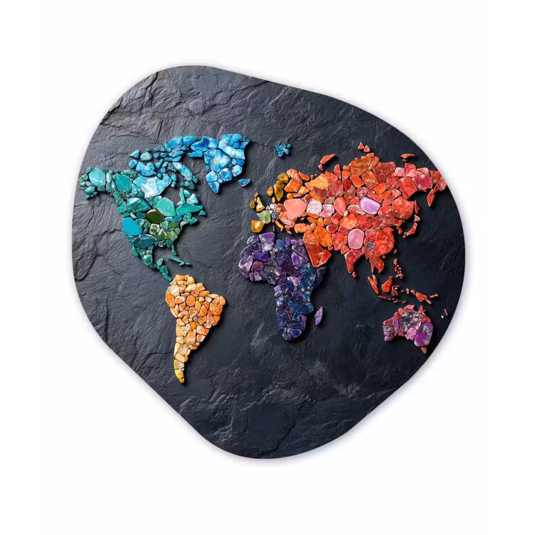 Wereldkaart - Edelstenen - Regenboog - Ruw Wandcirkel Organisch Aluminium middel -3d