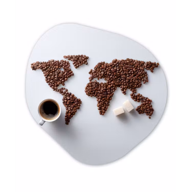 Wereldkaart - Koffiebonen - Suikerklontjes Wandcirkel Organisch Aluminium middel -3d