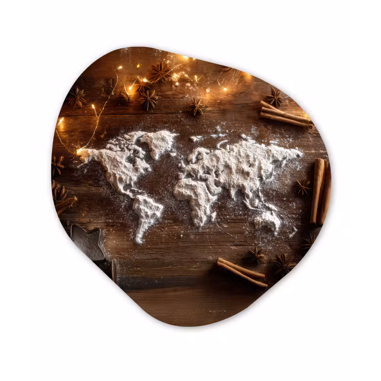 Wereldkaart - Poedersuiker - Hout Wandcirkel Organisch Aluminium middel -3d