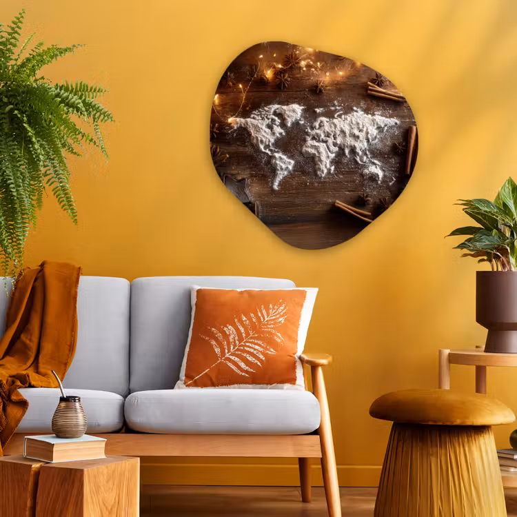 Wereldkaart - Poedersuiker - Hout Wandcirkel Organisch Aluminium middel -sfeer4