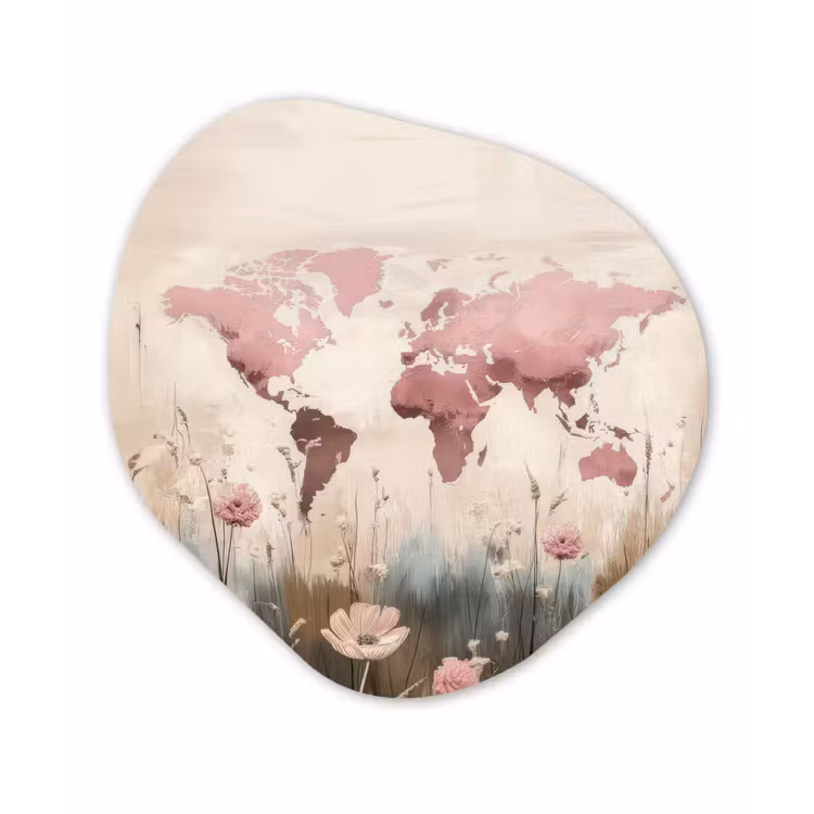 Wereldkaart - Roze - Bloemen Wandcirkel Organisch Aluminium middel -3d