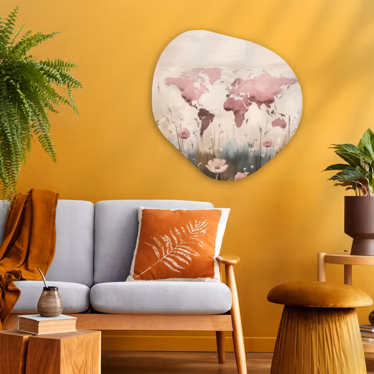 Wereldkaart - Roze - Bloemen Wandcirkel Organisch Aluminium middel -sfeer4