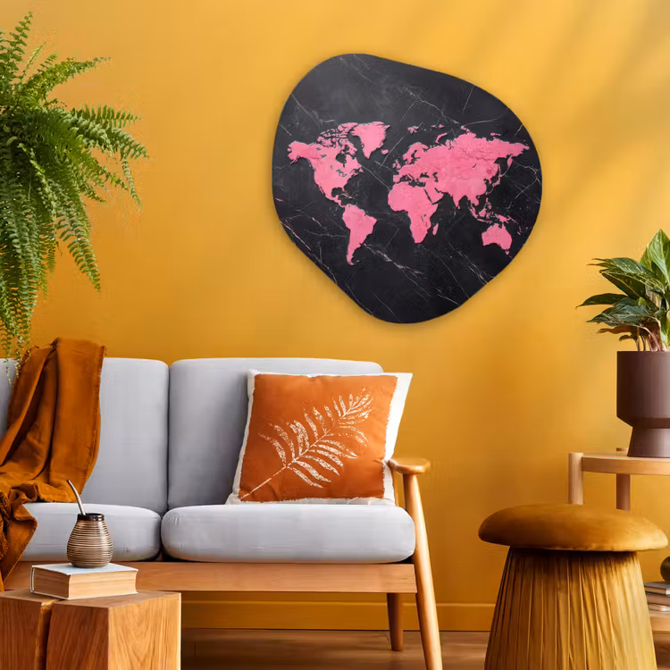 Wereldkaart - Roze - Marmer Wandcirkel Organisch Aluminium middel -sfeer4