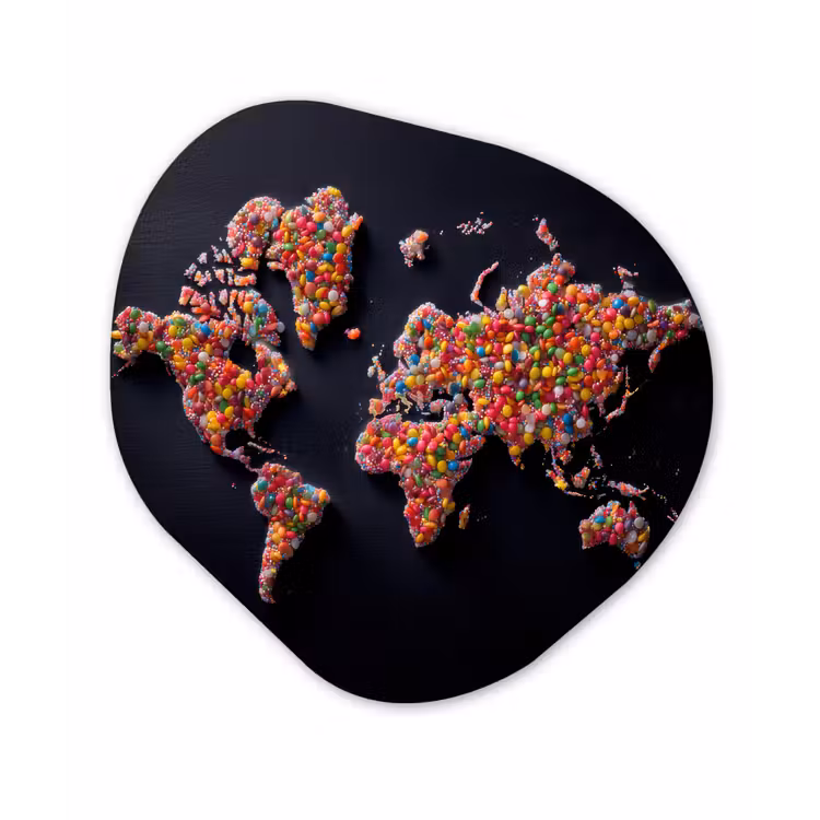 Wereldkaart - Snoepjes - Felle kleuren Wandcirkel Organisch Aluminium middel -3d