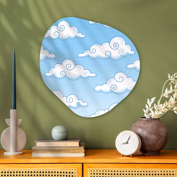 Wolk - Lucht - Cartoon - Blauw - Wit Wandcirkel Organisch Aluminium middel -sfeer2