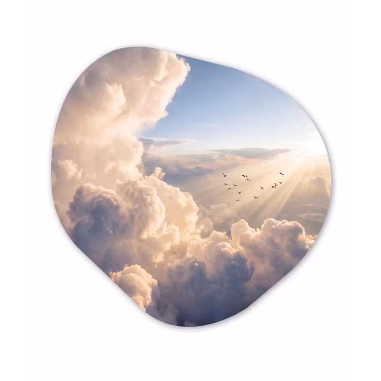 Wolken - Zonnestralen - Natuur - Wit Wandcirkel Organisch Aluminium middel -3d