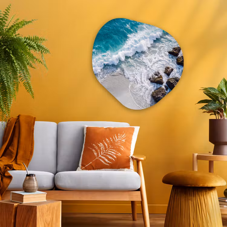 Zee - Golf - Strand - Natuur - Blauw Wandcirkel Organisch Aluminium middel -sfeer4