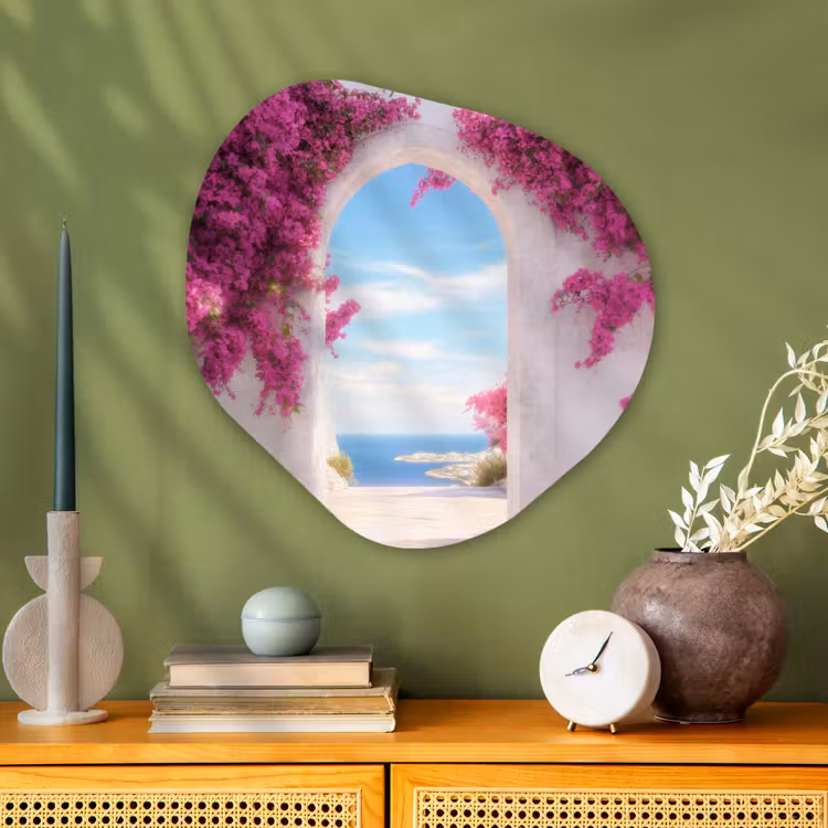 Zee - Roze - Bloemen - Poort Wandcirkel Organisch Aluminium middel -sfeer2