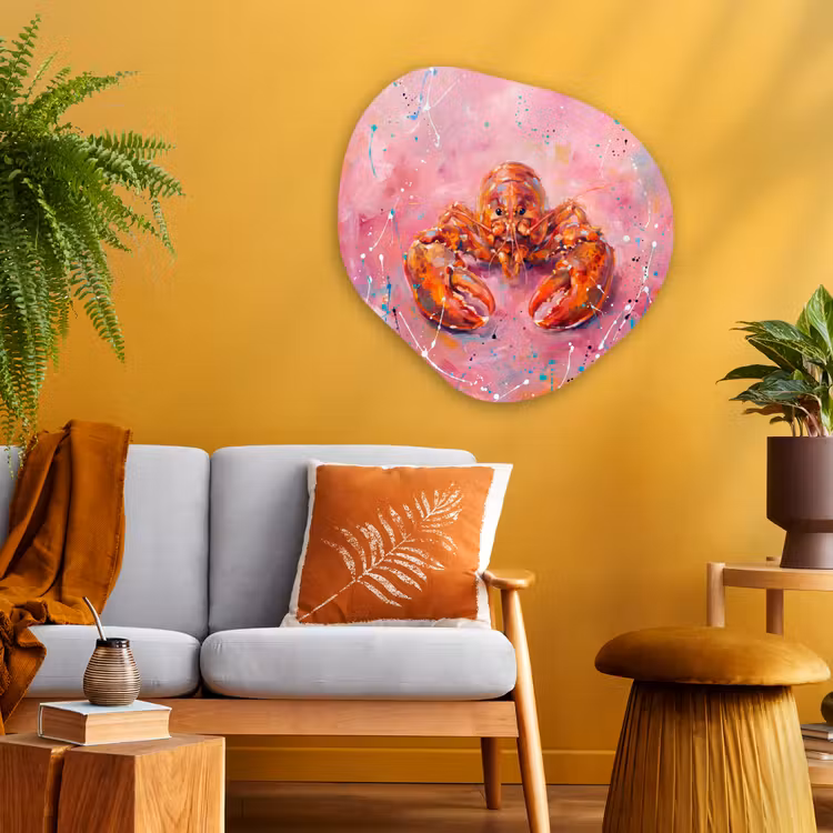 Zeeleven - Kreeft - Spatters - Abstract - Roze Wandcirkel Organisch Aluminium middel -sfeer4