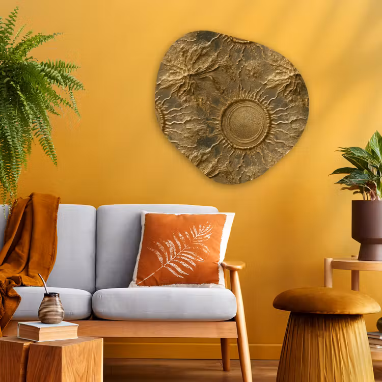 Zon - Reliëf - Antiek - Goud Wandcirkel Organisch Aluminium middel 851 -sfeer4