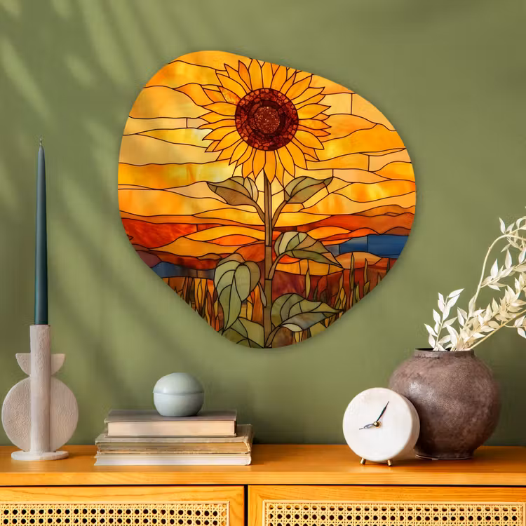 Zonnebloem - Mozaïek - Zonsondergang - Geel Wandcirkel Organisch Aluminium middel -sfeer2
