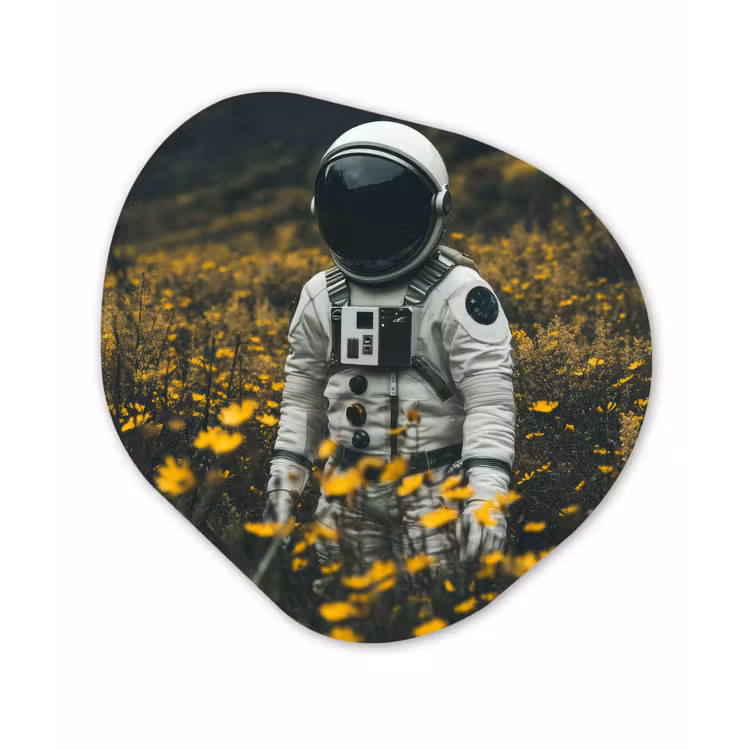 Astronaut - Bloemen - Veld - Geel Wandcirkel Organisch Forex 3mm klein -3d