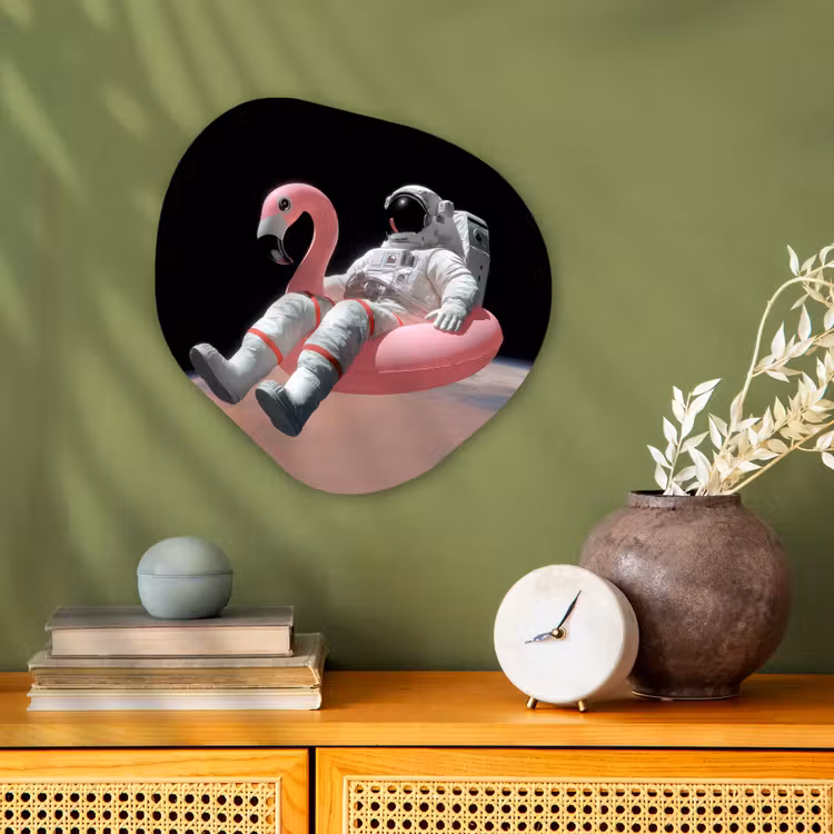 Astronaut - Flamingo - Zwemband - Roze Wandcirkel Organisch Forex 3mm klein -sfeer2
