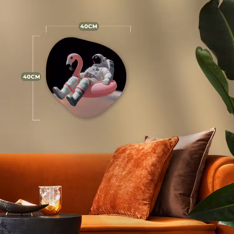 Astronaut - Flamingo - Zwemband - Roze Wandcirkel Organisch Forex 3mm klein -sfeer3