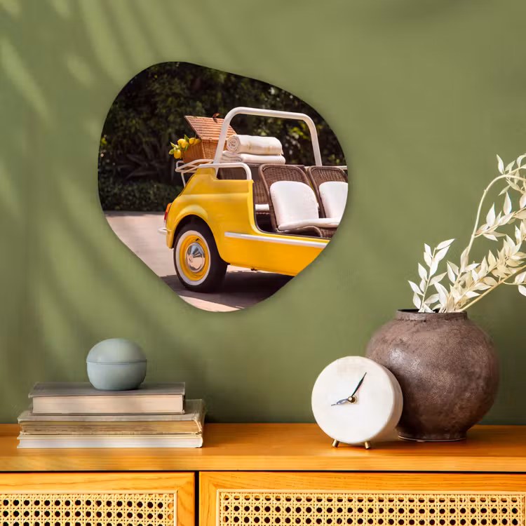 Auto - Picknick - Zomer - Geel Wandcirkel Organisch Forex 3mm klein -sfeer2