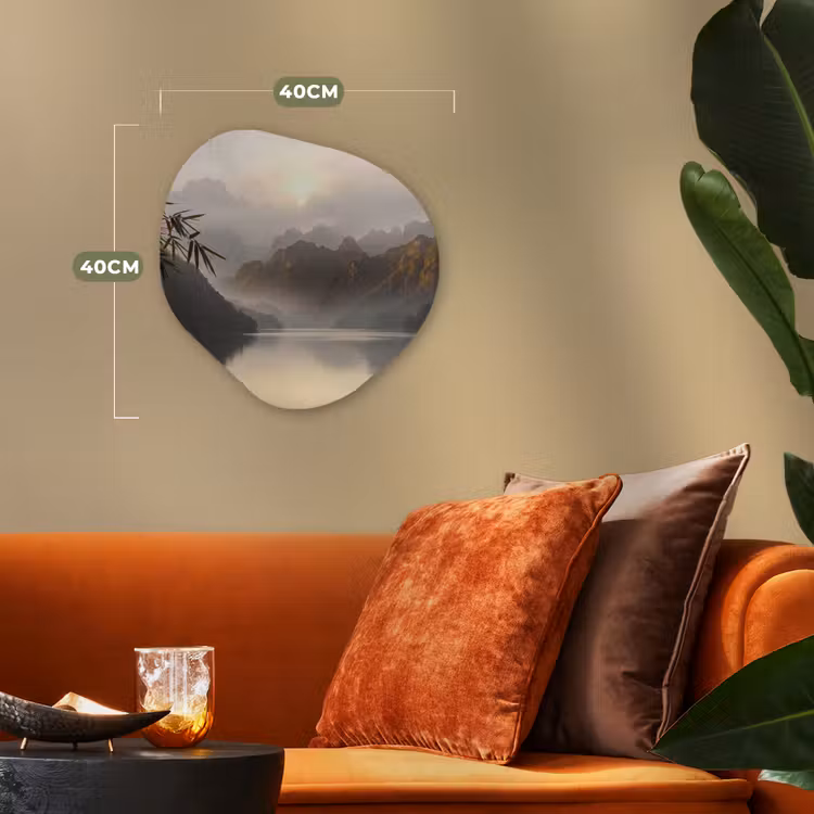 Bergen - Water - Mist - Natuur - Landschap Wandcirkel Organisch Forex 3mm klein -sfeer3