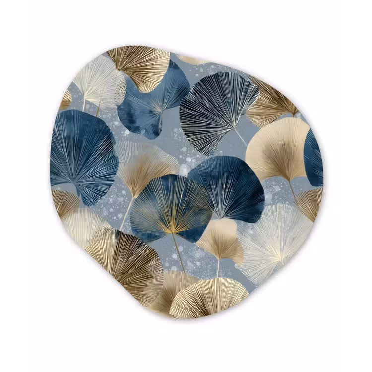 Bladeren - Abstract - Goud - Blauw Wandcirkel Organisch Forex 3mm klein -3d