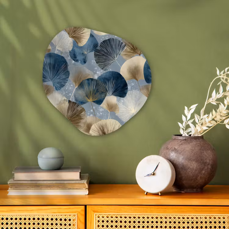 Bladeren - Abstract - Goud - Blauw Wandcirkel Organisch Forex 3mm klein -sfeer2