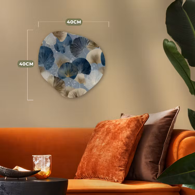 Bladeren - Abstract - Goud - Blauw Wandcirkel Organisch Forex 3mm klein -sfeer3