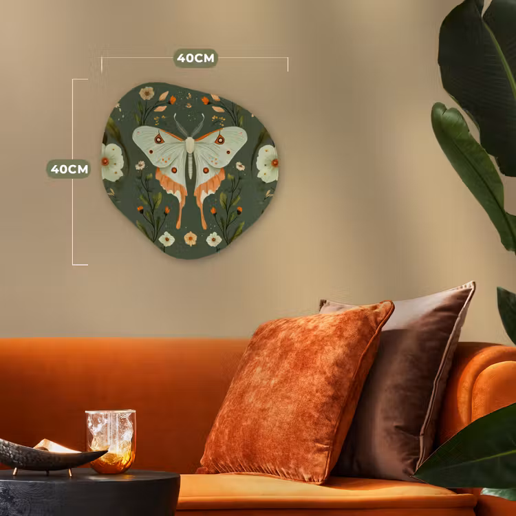 Bloemen - Bladeren - Olijfgroen - Vlinder Wandcirkel Organisch Forex 3mm klein -sfeer3
