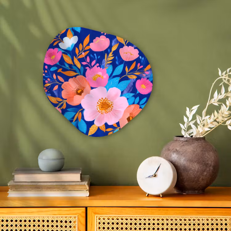 Bloemen - Blauw - Roze Wandcirkel Organisch Forex 3mm klein -sfeer2