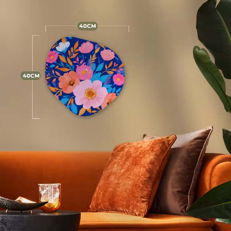 Bloemen - Blauw - Roze Wandcirkel Organisch Forex 3mm klein -sfeer3