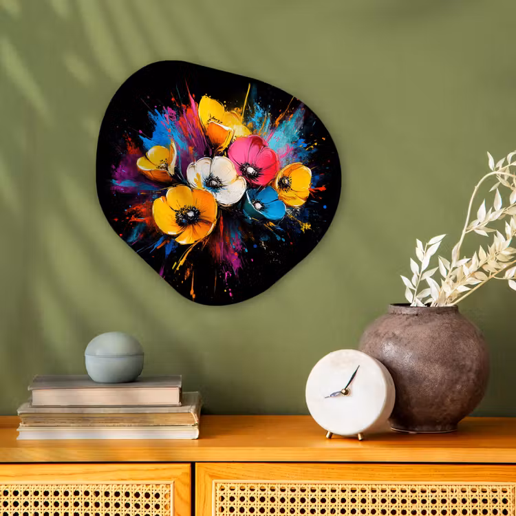 Bloemen - Kleurrijk - Graffiti - Modern - Boeket Wandcirkel Organisch Forex 3mm klein -sfeer2