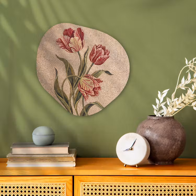 Bloemen - Mozaïek - Rood - Groen - Kunst Wandcirkel Organisch Forex 3mm klein -sfeer2