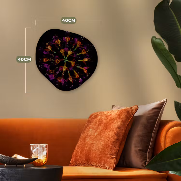 Bloemen - Oranje - Roze - Zwart Wandcirkel Organisch Forex 3mm klein -sfeer3