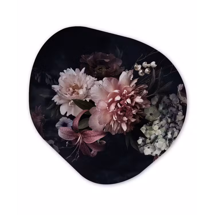 Bloemen - Vintage - Pastel - Zwart - Boeket Wandcirkel Organisch Forex 3mm klein -3d