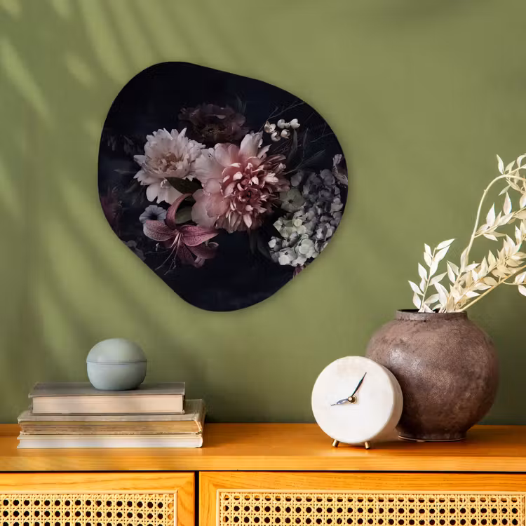 Bloemen - Vintage - Pastel - Zwart - Boeket Wandcirkel Organisch Forex 3mm klein -sfeer2